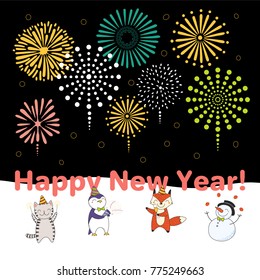 Hand drawn Happy New Year greeting card, banner template with cute funny cartoon animals celebrating, fireworks in the sky, text. Isolated objects. Vector illustration. Design concept for party.