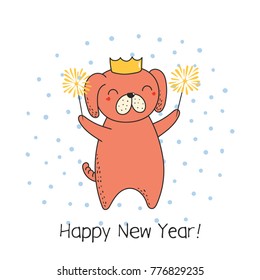 Hand drawn Happy New Year greeting card with cute funny cartoon dog with sparklers, typography. Isolated objects on on white background. Vector illustration. Design concept party, celebration