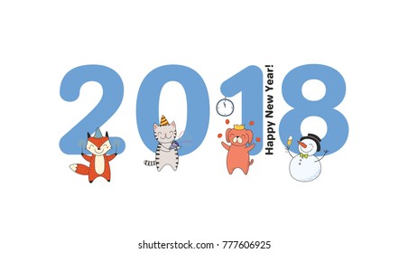 Hand drawn Happy New Year 2018 greeting card, banner template with big numbers, cute funny cartoon animals celebrating, typography. Isolated objects. Vector illustration. Design concept for party.