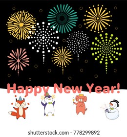 Hand drawn Happy New Year greeting card, banner template with cute funny cartoon animals celebrating, fireworks in the sky, text. Isolated objects. Vector illustration. Design concept for party.
