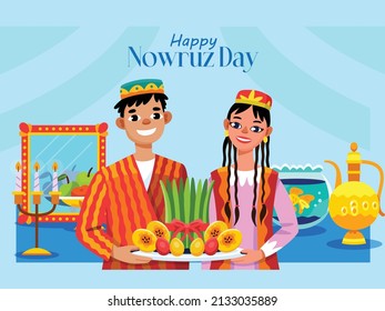 Hand Drawn Happy Nowruz Illustration With Goldfish Bowl Sprouts Vector Design Elements Esp 10 File