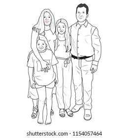 Hand drawn happy parents and kids standing in a family pose with smile