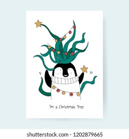 Hand drawn happy penguin in a holiday season