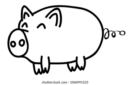 Hand drawn happy pig animal outline in cartoon style, illustration for kids