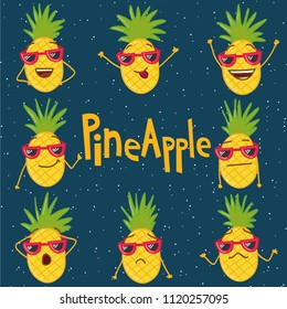 Hand drawn happy pineapples with different facial expressions. Concept happy vacation with pineapples.