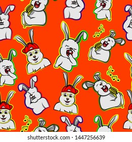 hand drawn happy rabbit multi expression, funny bunny sing song cartoon seamless pattern with orange background