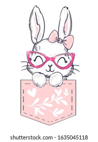 Hand drawn happy rabbit is sitting in a pink pocket with flowers on the white background. Childish print for kids apparel, nursery, textile, poster, postcard. Vector illustration. bunny with glasses