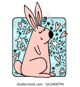Hand drawn happy rabbit vector colour illustration. Cute and funny rabbit with hearts, stars and design elements. Cartoon style drawing. Template for notebook, cards, T-shirt, posters.