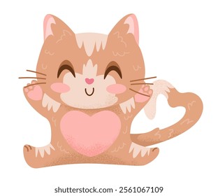 Hand drawn happy red cat opens arms for hug. Cartoon Valentines Day character in love. Lovely ginger kitty with heart shaped tail. Romance concept textured animal. Isolated flat vector illustration.