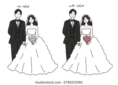 Hand drawn happy romantic young couple, cute bride and groom