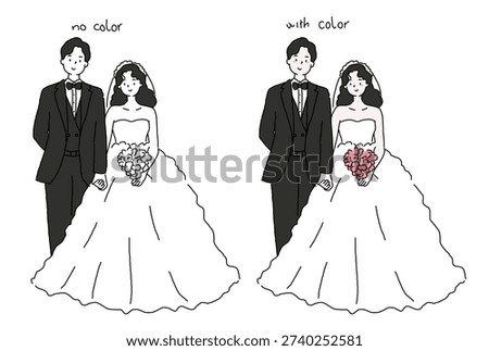 Hand drawn happy romantic young couple, cute bride and groom