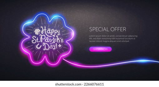 Hand Drawn Happy Saint Patrick's Day Chalk Lettering on Chalkboard Background with Neon Clover Leaf . Website template. Vector clip art.