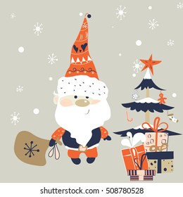 Hand drawn Happy Santa Claus with Christmas presents, tree, falling snowflakes, toys, candy cane. Design template for flyer, banner, invitation, congratulation, poster design. Vector illustration.  