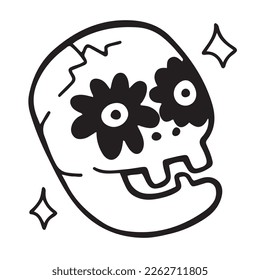 Hand drawn happy skull head with flowers in eyes, decorated with sparkles. Positive thinking. Funny isolated vector illustration