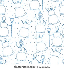 Hand drawn happy snowmans seamles vector cartoon illustration. Christmas doodle