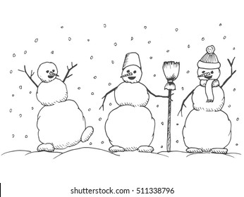 Hand drawn happy snowmans vector cartoon illustration. Christmas doodle