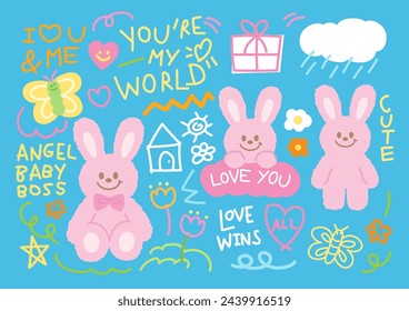 Hand drawn happy summer elements of Bunny, butterfly, flowers, rainy day for easter sticker, decoration, social media post, icon, logo, cartoon character, plush toy, font, typography, print, text