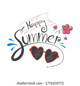 Hand Drawn Happy Summer with Flower and Love Sunglass Decoration