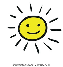 Emoji de sol feliz dibujado a mano. Garabato de verano. Un solo elemento de Vector para el diseño Pro Vector
