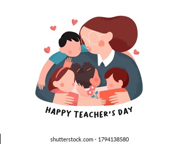 Hand drawn Happy teacher's day poster background concept.Kids student giving hug and flower to her teacher. vector flat illustration creative graphic design