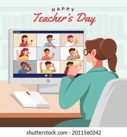 Hand drawn Happy teacher's day poster background concept.Kids student giving hug and flower to her teacher. vector flat illustration creative graphic design
