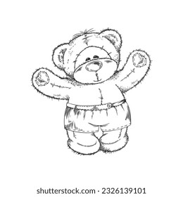 Oso de peluche feliz dibujado a mano con estilo de esbozo de patas altas, ilustración vectorial aislada en fondo blanco. Esbozado elemento de diseño decorativo para postales, juguete lindo en pantalones cortos, corazones en patas