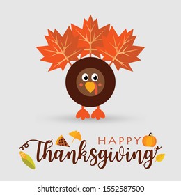 Hand drawn Happy Thanksgiving banner with leaves and turkey. Vector Illustration