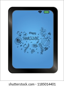 Hand drawn Happy Thanksgiving Day on background plate. Hand Drawn Vector illustration.