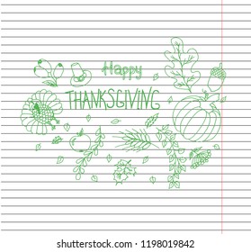 Hand drawn Happy Thanksgiving Day on copybook background. Hand Drawn Vector illustration.