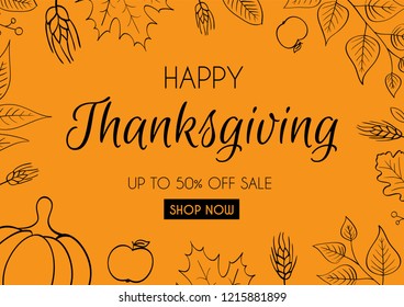 Hand drawn Happy Thanksgiving Day Banner. Vector illustration.