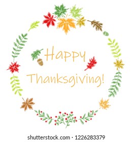 Hand drawn Happy Thanksgiving Day Wreath Background with colorful leaves. Vector illustration.