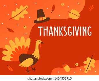 Hand drawn Happy Thanksgiving Day banner with copy space. Holiday greeting with card turkey. Fall colorful leaves and lettering Thanksgiving on liquid orange background. Vector illustration
