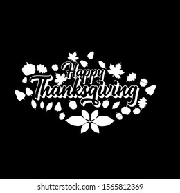 Hand drawn Happy Thanksgiving day typography label. Celebration text with pumpkin and autumn leaves for poster, banner, postcard, icon or sticker. Vector calligraphic lettering quote on white