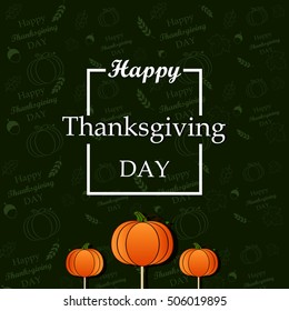 Hand drawn Happy thanksgiving day in white frame greeting card with doodle   leaves, pumpkin and acorn. Design template for banner, flyer, greeting card. Vector illustration.