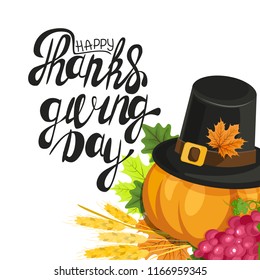 Hand drawn Happy Thanksgiving lettering typography poster. Celebration quotation on textured background for postcard, card, icon, logo, badge. Vector calligraphy with leaves, fruits, berries and vine