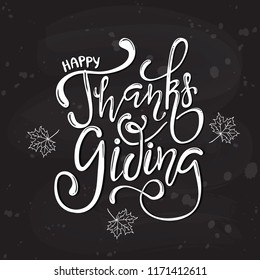 Hand drawn Happy Thanksgiving lettering typography poster. Celebration quotation on blurred red and yellow background for postcard, icon, logo or badge. Vector vintage calligraphy with floral wreath