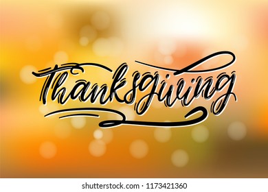 Hand drawn Happy Thanksgiving lettering typography poster. Celebration quotation on blurred red background for postcard, card, icon, logo or badge. White Vector vintage calligraphy text
