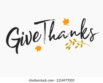 Hand drawn Happy Thanksgiving lettering typography poster. Celebration quotation for card, postcard, event icon logo or badge. Vector vintage autumn calligraphy. Grey Lettering with maple leaves