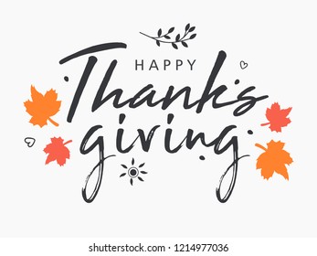 Hand drawn Happy Thanksgiving lettering typography poster. Celebration quotation for card, postcard, event icon logo or badge. Vector vintage autumn calligraphy. Grey Lettering with red maple leaves
