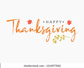 Hand drawn Happy Thanksgiving lettering typography poster. Celebration quotation for card, postcard, event icon logo or badge. Vector vintage autumn calligraphy. Grey Lettering with red maple leaves