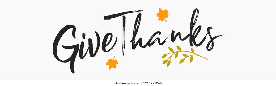 Hand drawn Happy Thanksgiving lettering typography poster. Celebration quotation for card, postcard, event icon logo or badge. Vector vintage autumn calligraphy. Grey Lettering with maple leaves