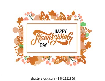 Hand drawn Happy Thanksgiving lettering typography poster. Celebration quotation for card, postcard, event icon logo or badge. Vector vintage autumn calligraphy. Grey Lettering with red maple leaves.