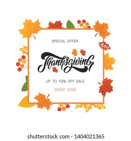 Hand drawn Happy Thanksgiving lettering typography poster. Shop special offer banner or poster. Grey Lettering with red maple leaves - Vector