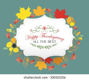 Hand drawn Happy Thanksgiving lettering typography poster. Celebration quotation on textured background for postcard, icon, card, logo, badge. Vector calligraphy text on maple background