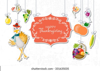 Hand drawn Happy Thanksgiving lettering typography poster. Celebration quotation on textured background for postcard, icon, card, logo, badge. Vector calligraphy text with turkey, flowers, pumpkin,