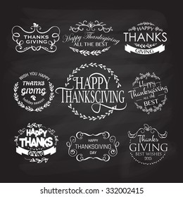 Hand drawn Happy Thanksgiving lettering typography set. Celebration quotations on textured background for postcard, icon, logo or badge. Vector vintage calligraphy text on floral blackboard background