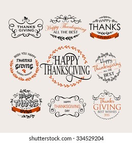 Hand drawn Happy Thanksgiving lettering typography poster set. Celebration quotation on textured background for postcard, icon, logo or badge. Vector calligraphy text with floral design and leaves