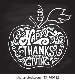 Hand drawn Happy Thanksgiving lettering typography poster. Celebration quotation on textured background for postcard, icon, card, logo, badge. Vector calligraphy text on pumpkin blackboard background