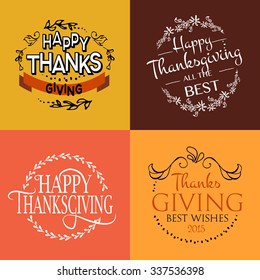 Hand drawn Happy Thanksgiving lettering typography poster set. Celebration quotation on textured background for postcard, icon, card, logo, badge. Vector calligraphy text with maple leaves and flowers