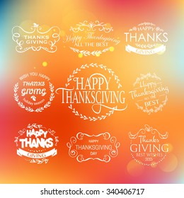 Hand drawn Happy Thanksgiving lettering typography set poster. Celebration quotation for postcard, icon, card, logo or badge. Vector vintage calligraphy text with maple leaves on blurred background